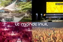 Présentation du Monde Inuit montrant plusieurs espaces événementiels à Bordeaux : une terrasse extérieure élégante avec tables blanches et voile ombragée surplombant l'eau, une scène d'auditorium moderne avec panneau bienvenue jaune, un dîner de gala luxu