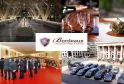 Collage présentant les services de Bordeaux Executive Travel & Events : salle de banquet élégante avec tables longues, service de vin, plat gastronomique présenté, visite de cave avec clients, et flotte de véhicules de luxe devant un bâtiment classique bo